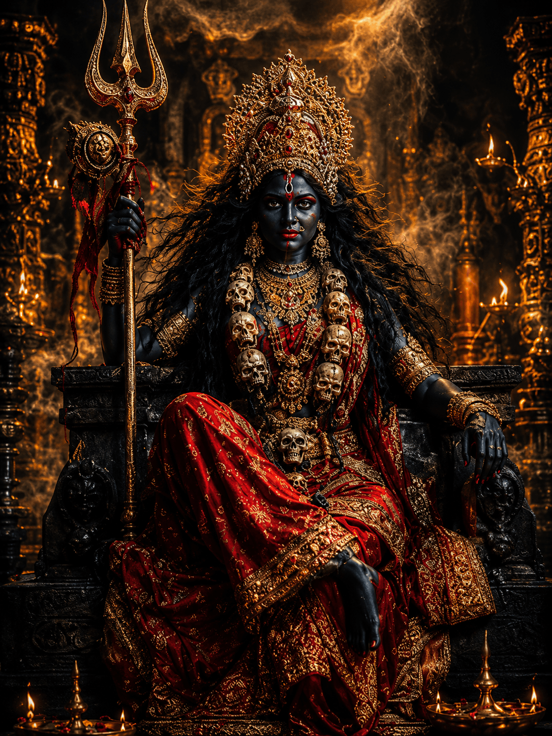 Maa Kali seated on a majestic temple throne holding a Trishul, wearing a skull garland, ornate golden crown, and red royal attire in HD 4K.