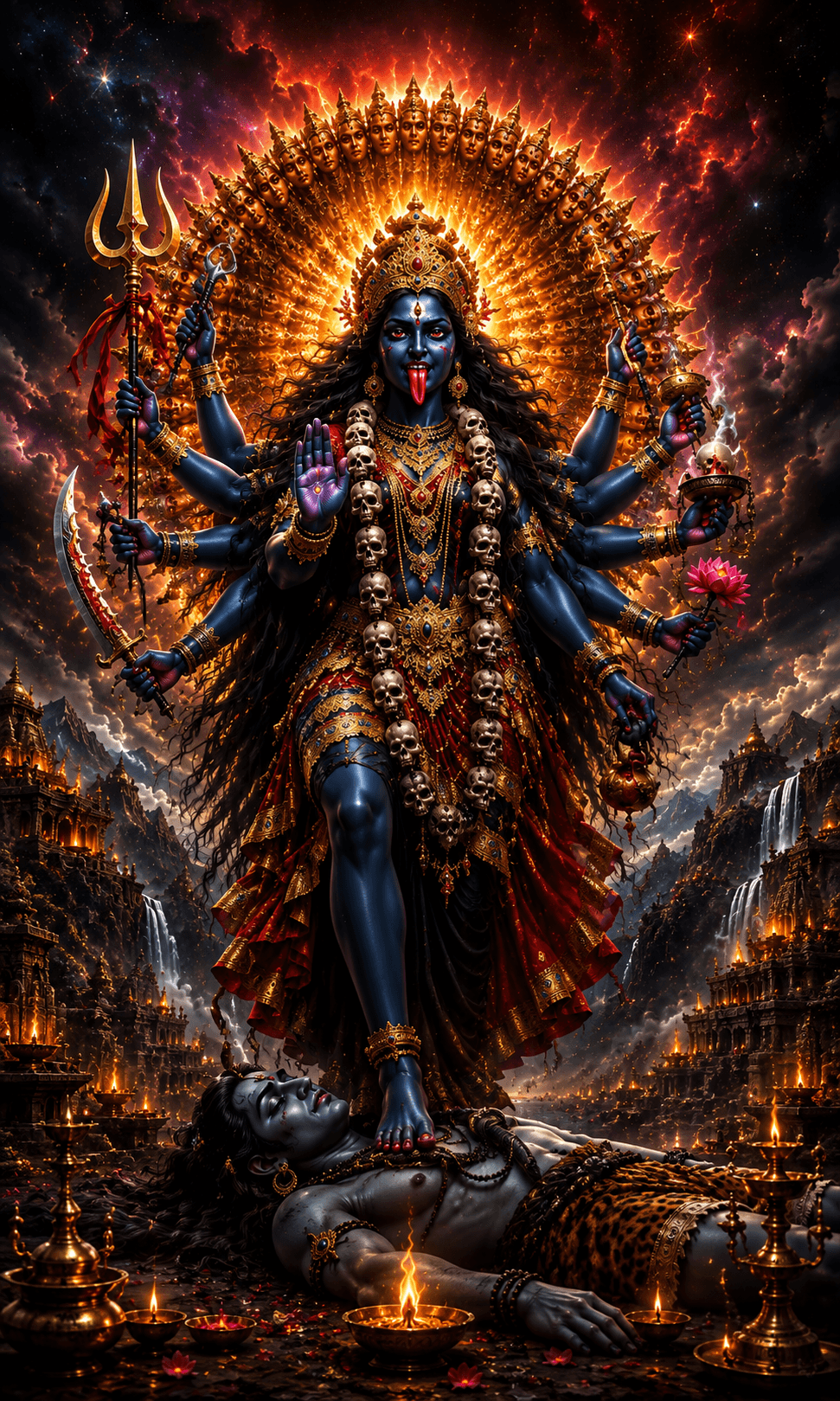 Maa Kali Vishwaroop with multiple arms, skull garland, trident, sword, lotus, blazing cosmic halo, standing on Lord Shiva in a celestial temple landscape.