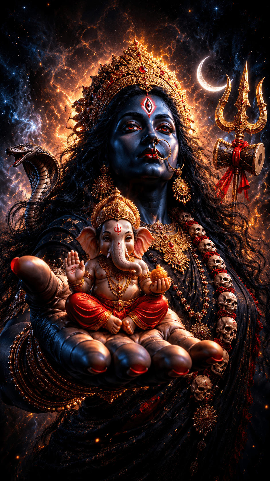 Maa Kali holding Baby Lord Ganesha in her hand with a trident, crescent moon, cobra, skull garland, and glowing cosmic background.
