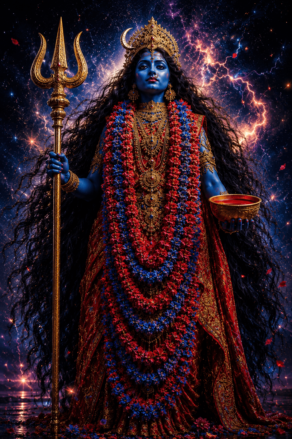 Majestic Maa Mahakali holding a trident and sacred bowl, wearing a floral garland and golden crown against a cosmic sky in stunning 4K, free to download.