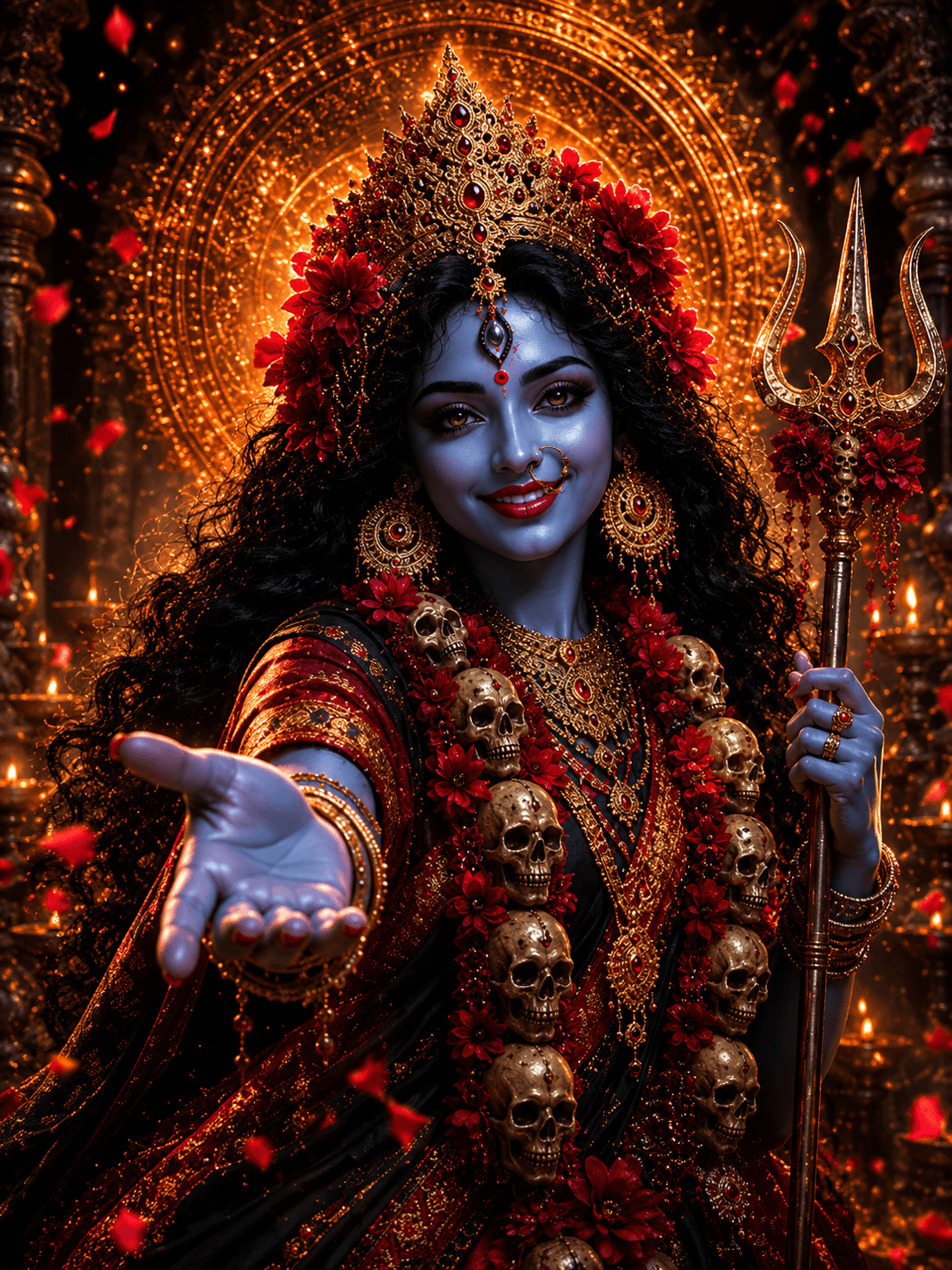 Smiling Maa Mahakali extending her blessing hand while holding a golden trident, adorned with a skull garland, floral crown, and radiant temple halo in stunning 4K, free to download.