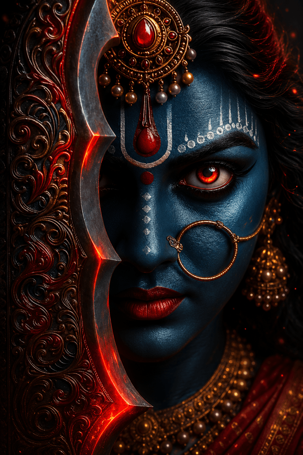 Close-up portrait of Maa Mahakali with a glowing red eye, ornate khadga, sacred tilak, golden nose ring, and detailed jewelry in stunning 4K, free to download.