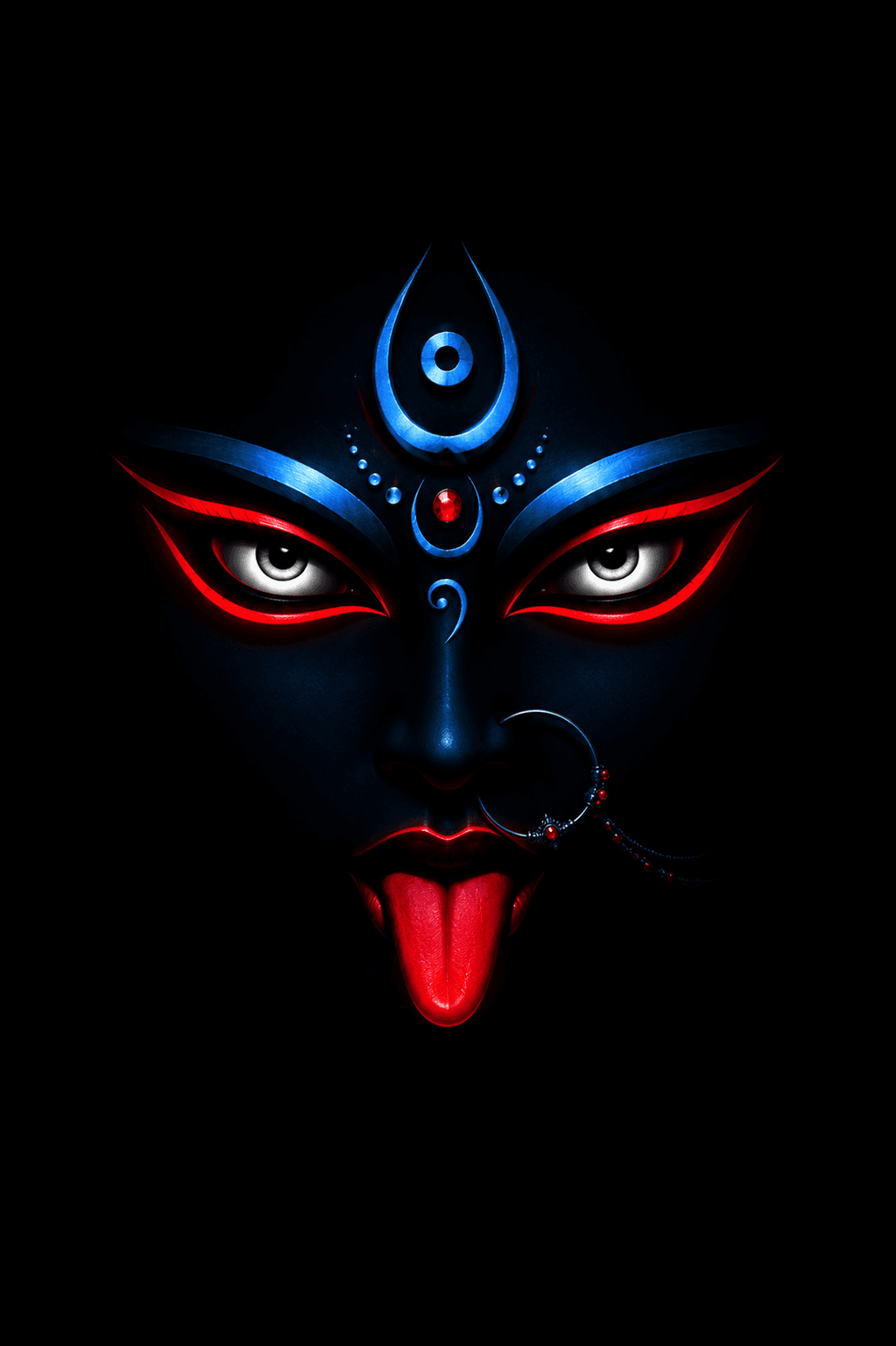 Minimalist Maa Mahakali face artwork with glowing eyes, third eye, crescent moon, and red tongue on a black background in stunning 4K, free to download.