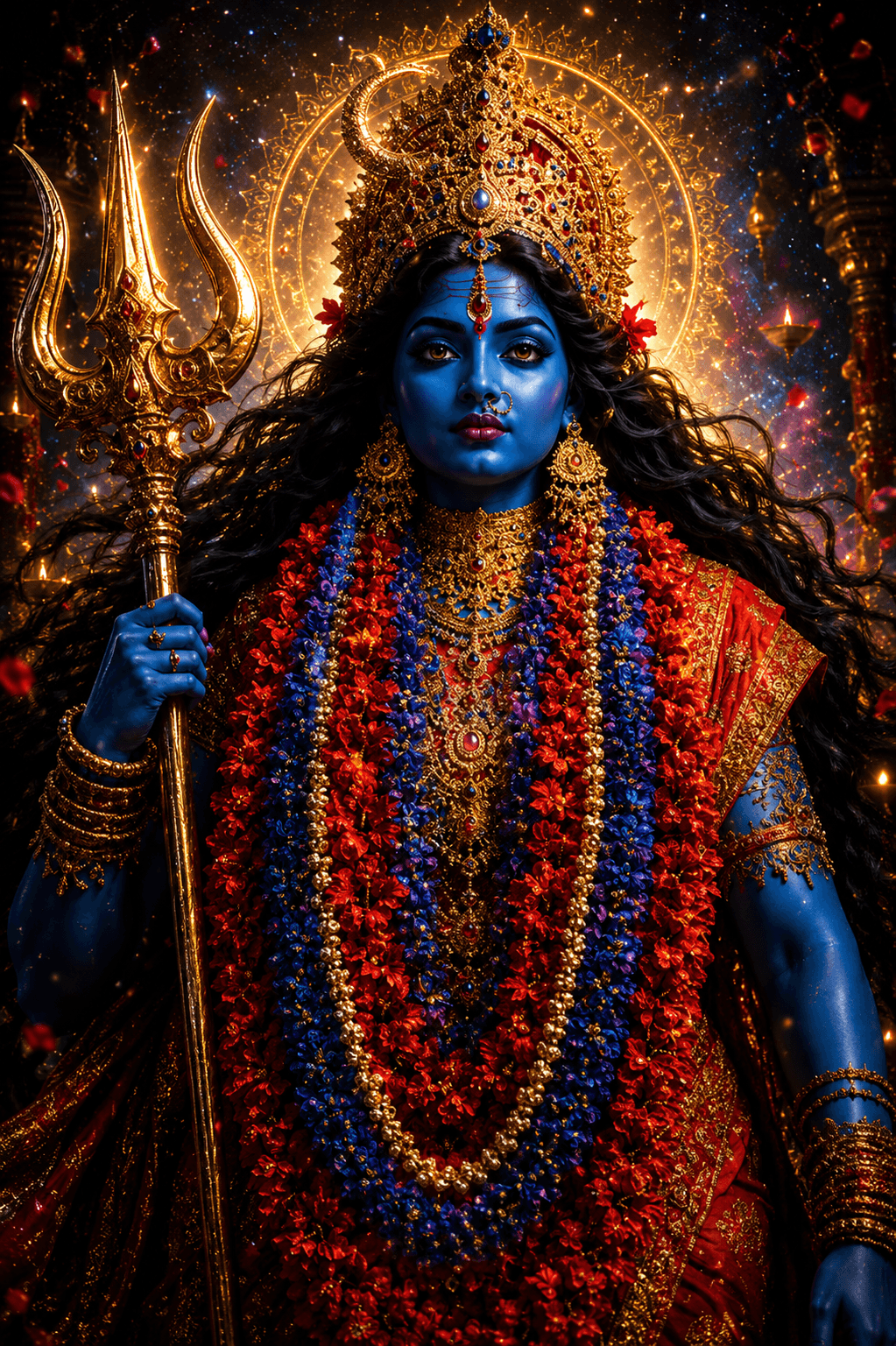 Majestic Maa Mahakali with a blue complexion, golden crown, trident, vibrant floral garlands, and radiant halo in stunning 4K, free to download.