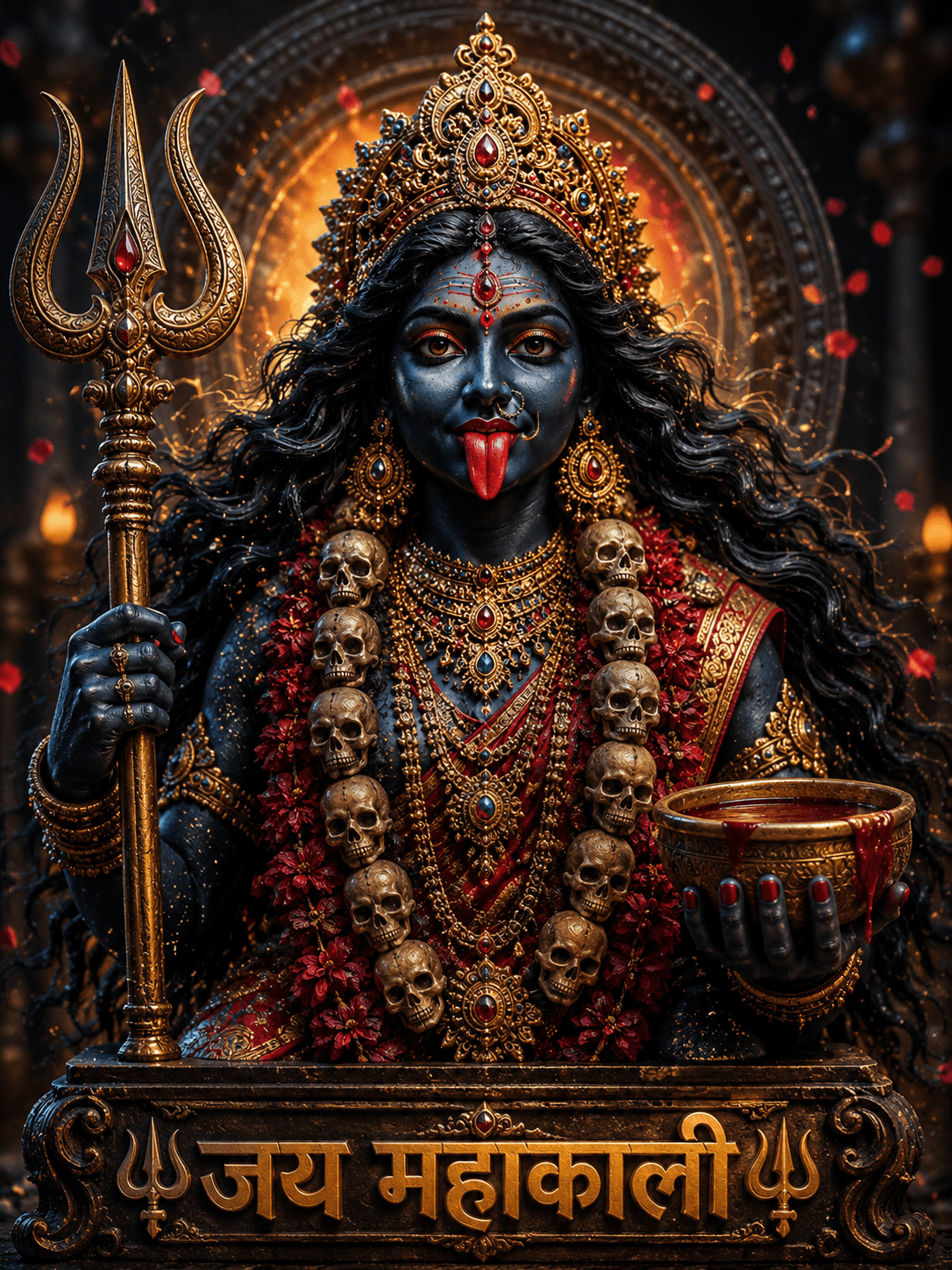 Divine Maa Mahakali with blue-black complexion, trident, skull garland, golden crown, sacred bowl, and glowing halo in stunning 4K, free to download.