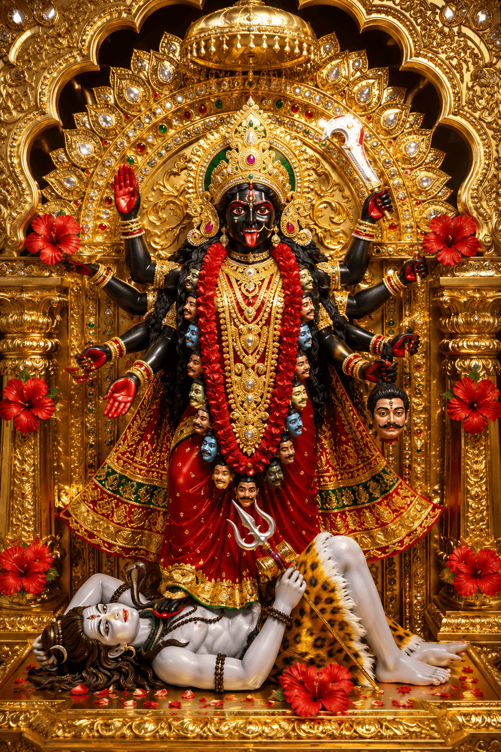 Divine Maa Mahakali temple idol with multiple arms, sacred khadga, severed head, blessing hand, standing over Lord Shiva in an ornate golden shrine, stunning 4K image free to download.