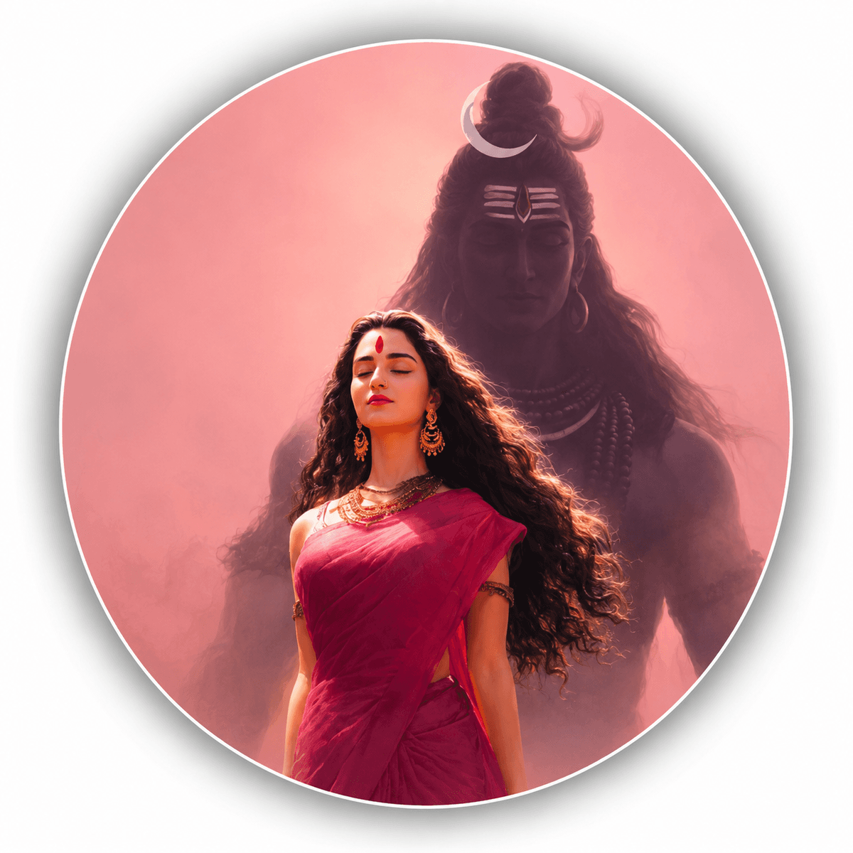 Goddess Parvati in pink saree with Lord Shiva's divine silhouette, HD 4K devotional wallpaper free download.