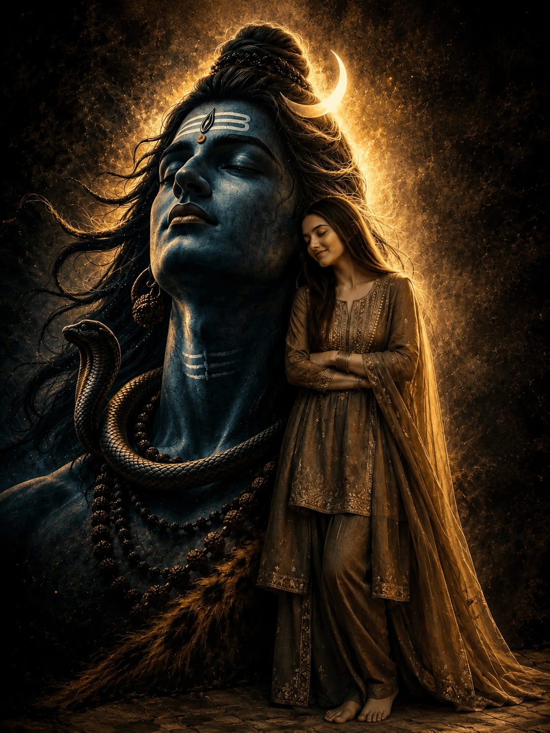 Powerful 4K artwork of Lord Shiva with a devotee, featuring the crescent moon, Vasuki Nag, Rudraksha Mala, Tripundra Tilak, and a divine golden aura, free HD download for wallpapers, devotional use, and spiritual projects.