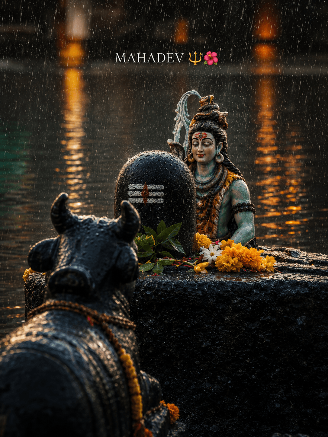 Lord Shiva with Shivling and Nandi in rainfall beside a sacred temple, HD 4K Mahadev devotional wallpaper free download.