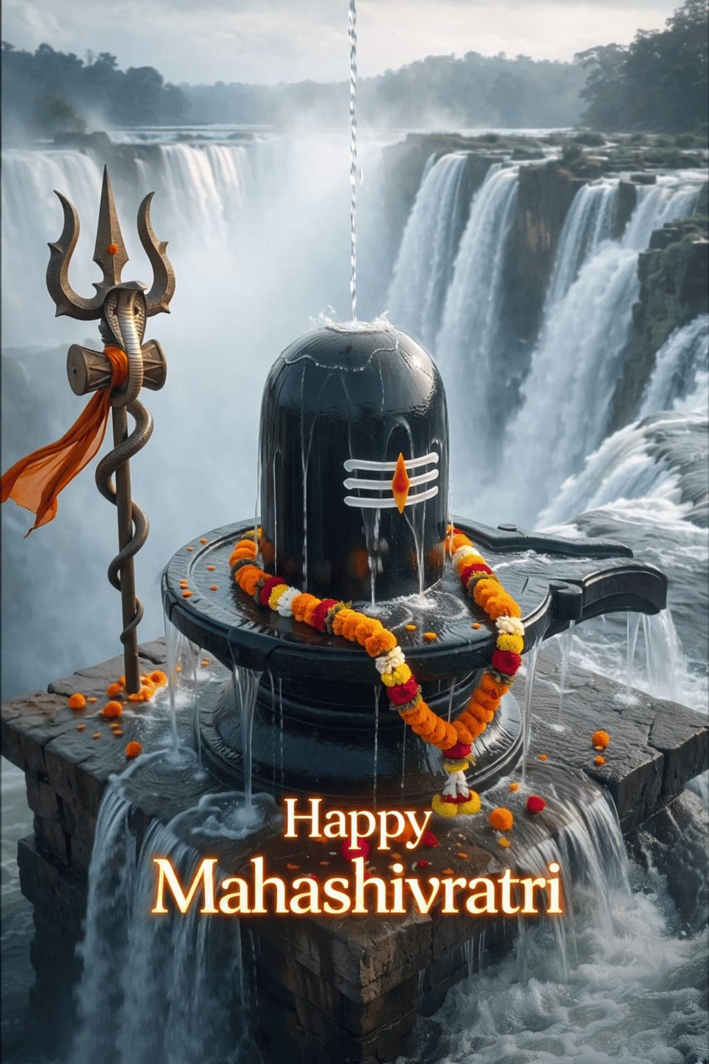 4K image of Shiva Lingam near waterfall with Happy Mahashivratri text, free HD wallpaper download.