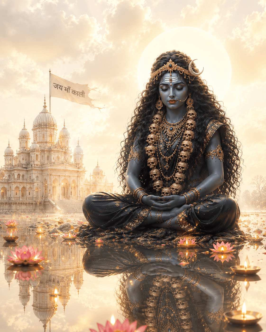 Peaceful Maa Kali meditating in a lotus pose with a skull garland, glowing halo, temple in the background, floating lotus lamps, and a golden sunrise in ultra HD 4K.