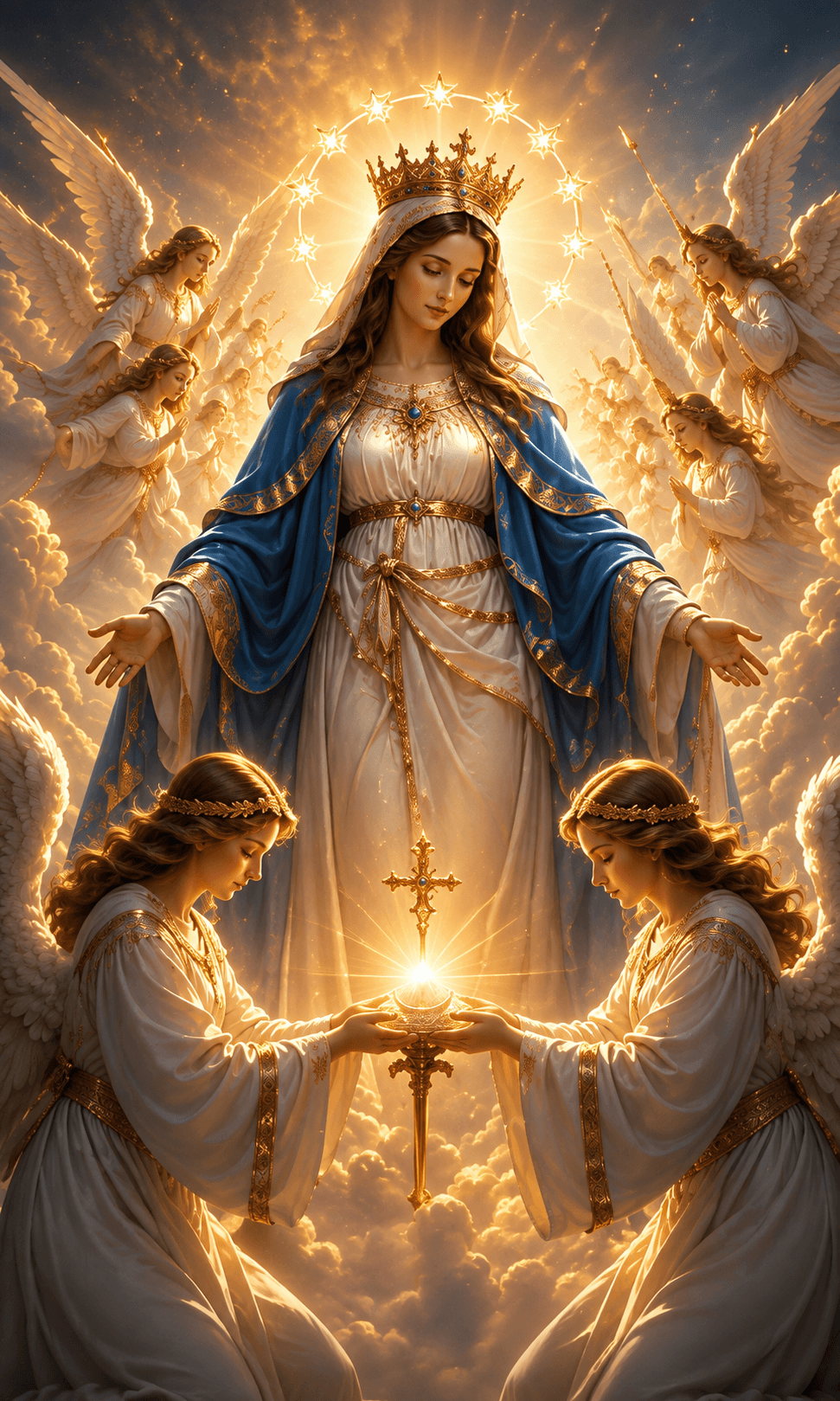 Mother Mary wearing a golden crown and blue mantle, surrounded by praying angels beneath a radiant star halo, high-resolution 4K image.