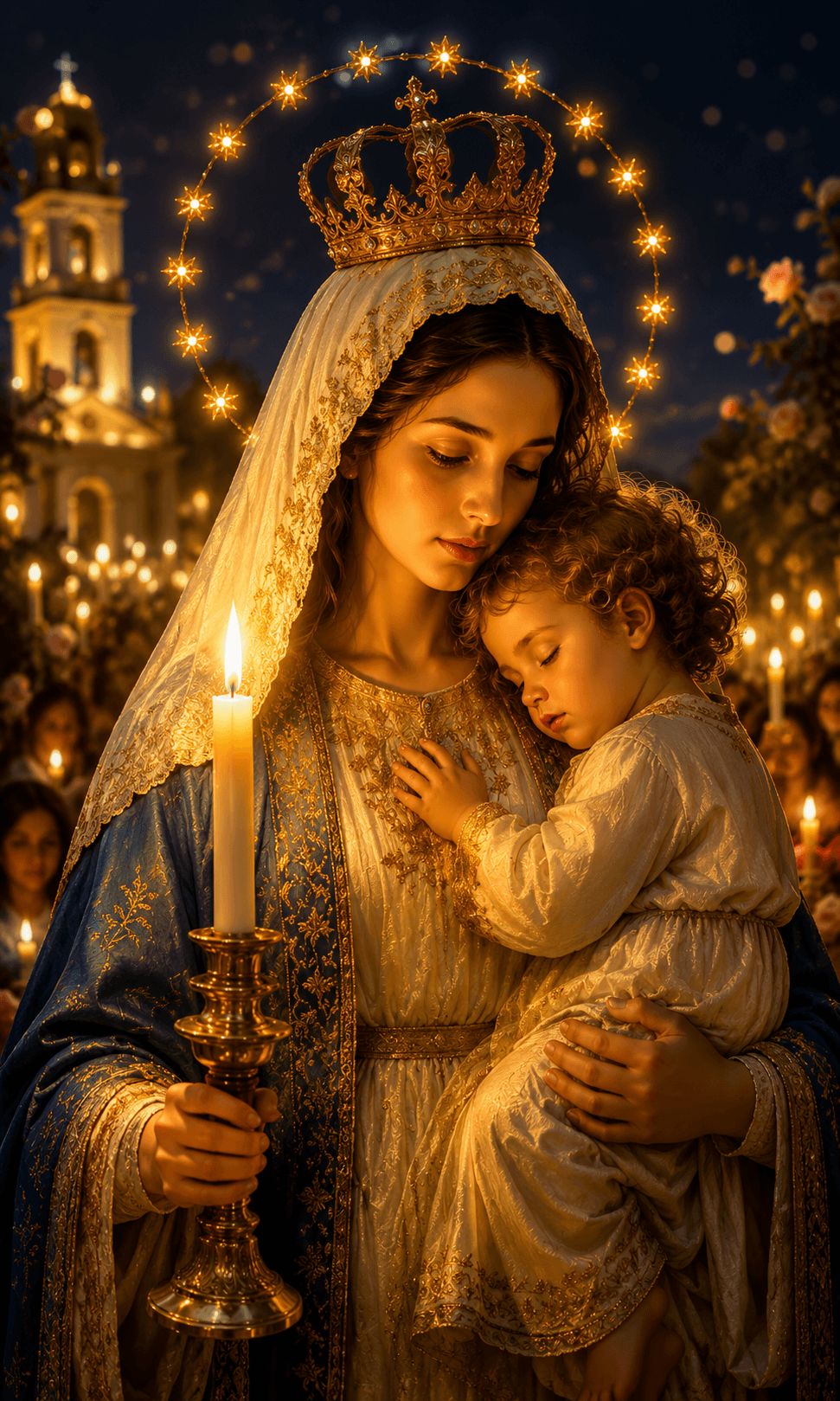 Mother Mary wearing a golden crown and blue mantle, lovingly holding baby Jesus beside a candle and glowing church, stunning 4K image.