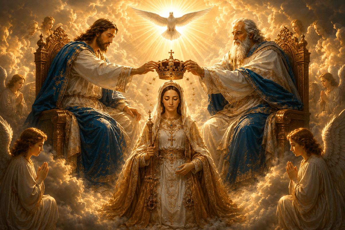 Mother Mary crowned in heaven as Jesus and God the Father place a jeweled crown above her, with angels, clouds and a radiant dove.