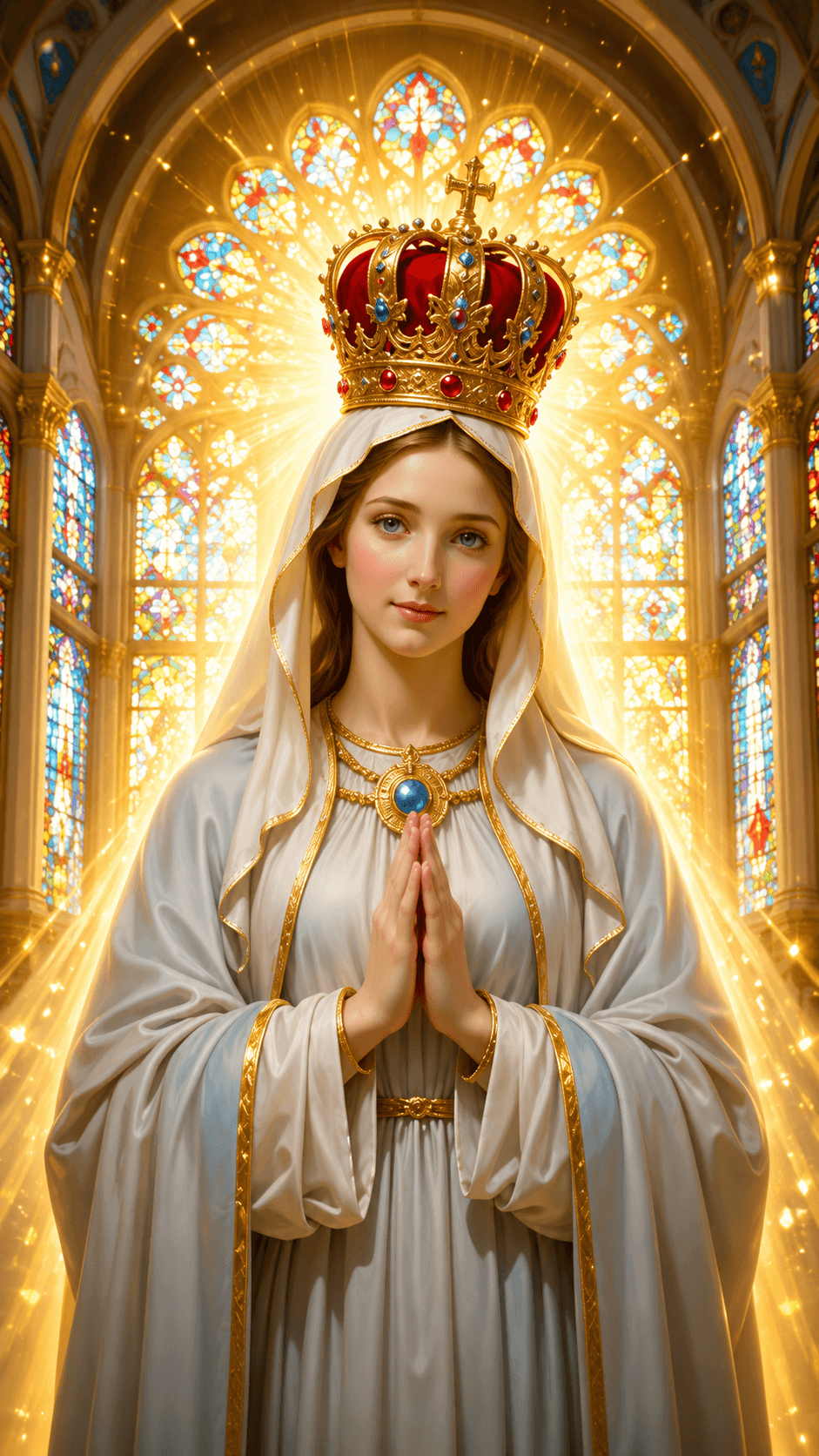 Mother Mary wearing a jeweled crown and white robe, praying inside a radiant church with colorful stained-glass windows and golden light.