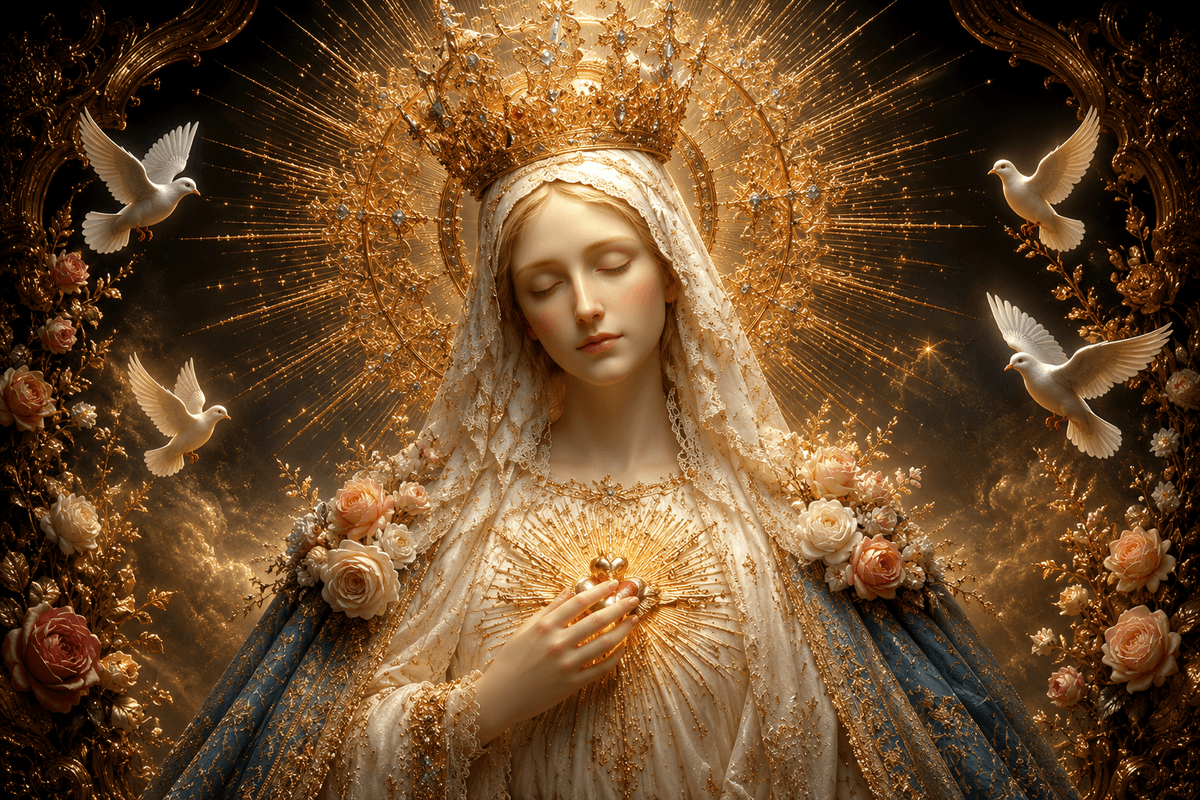 Mother Mary in an ornate white veil and golden crown, surrounded by roses and white doves with radiant golden light, 4K high-resolution image.