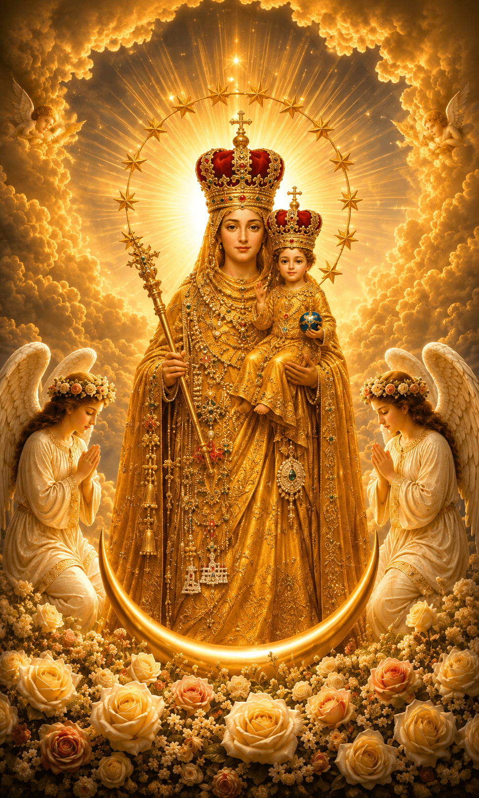 Mother Mary holding baby Jesus in ornate golden robes and jeweled crowns, surrounded by praying angels, roses and a radiant star halo, 4K image.