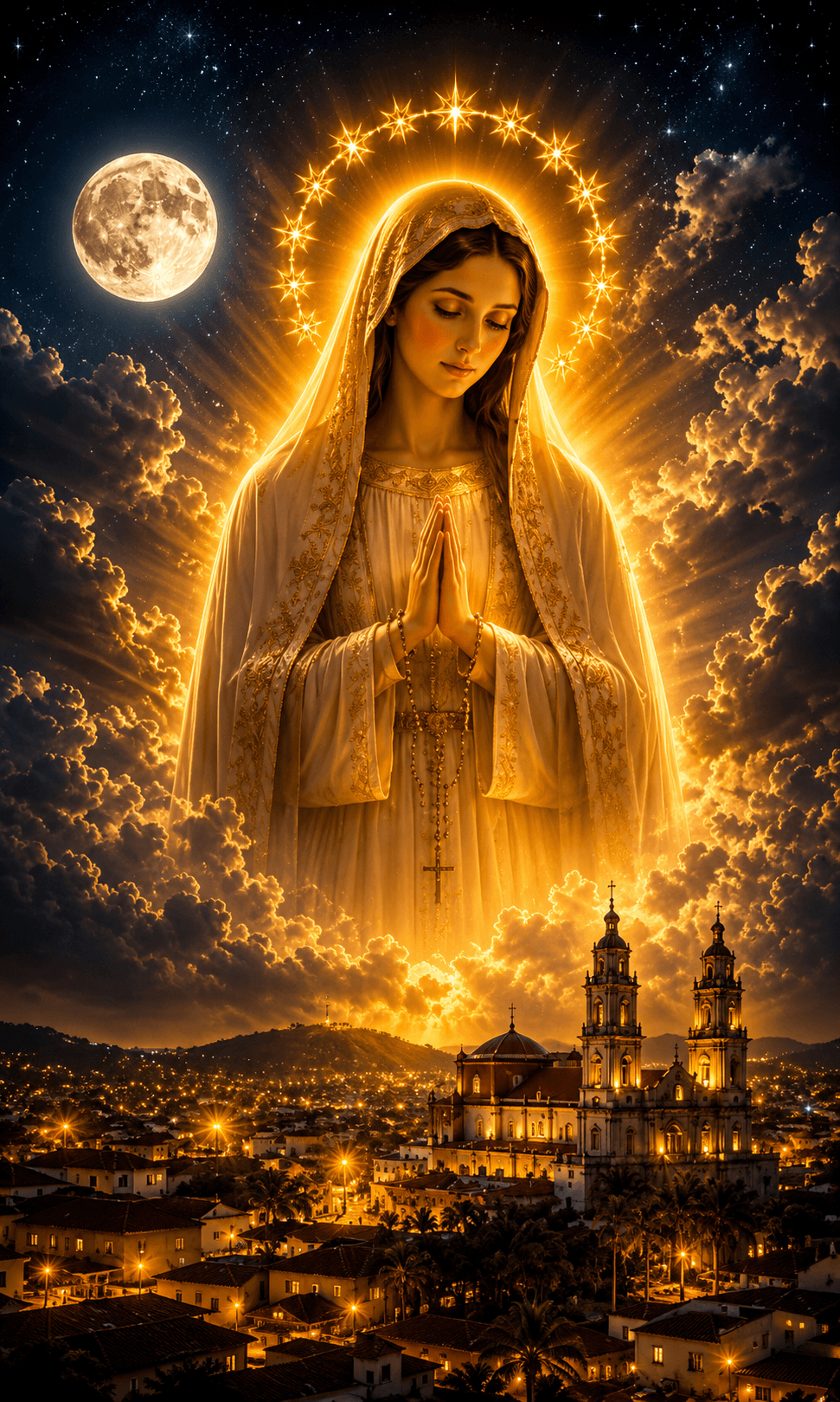 Mother Mary praying with a golden halo above a glowing church, surrounded by clouds, stars and moonlight, stunning 4K high-resolution image.