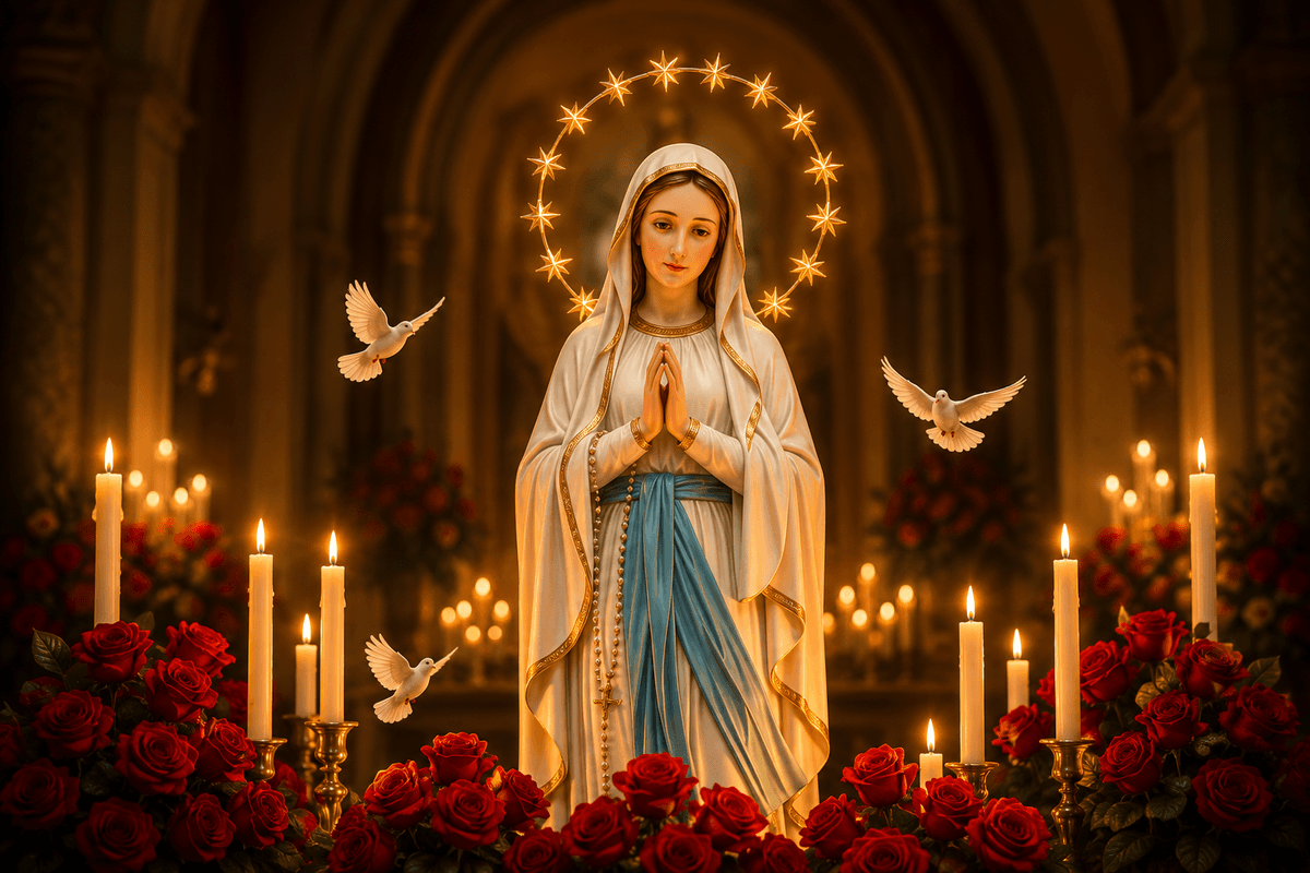 Mother Mary praying in a white and blue robe with a glowing star halo, surrounded by candles, red roses and white doves in a church.