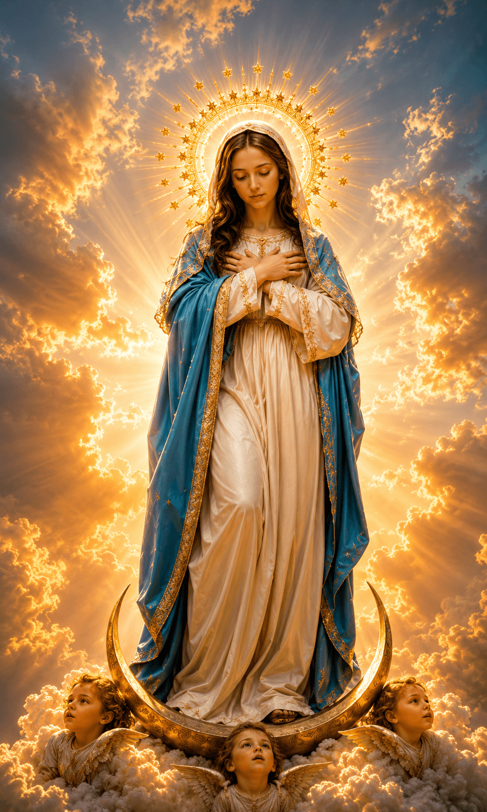 Mother Mary in a white robe and blue mantle, standing on a golden crescent with a radiant star halo, angels and glowing clouds, 4K image.