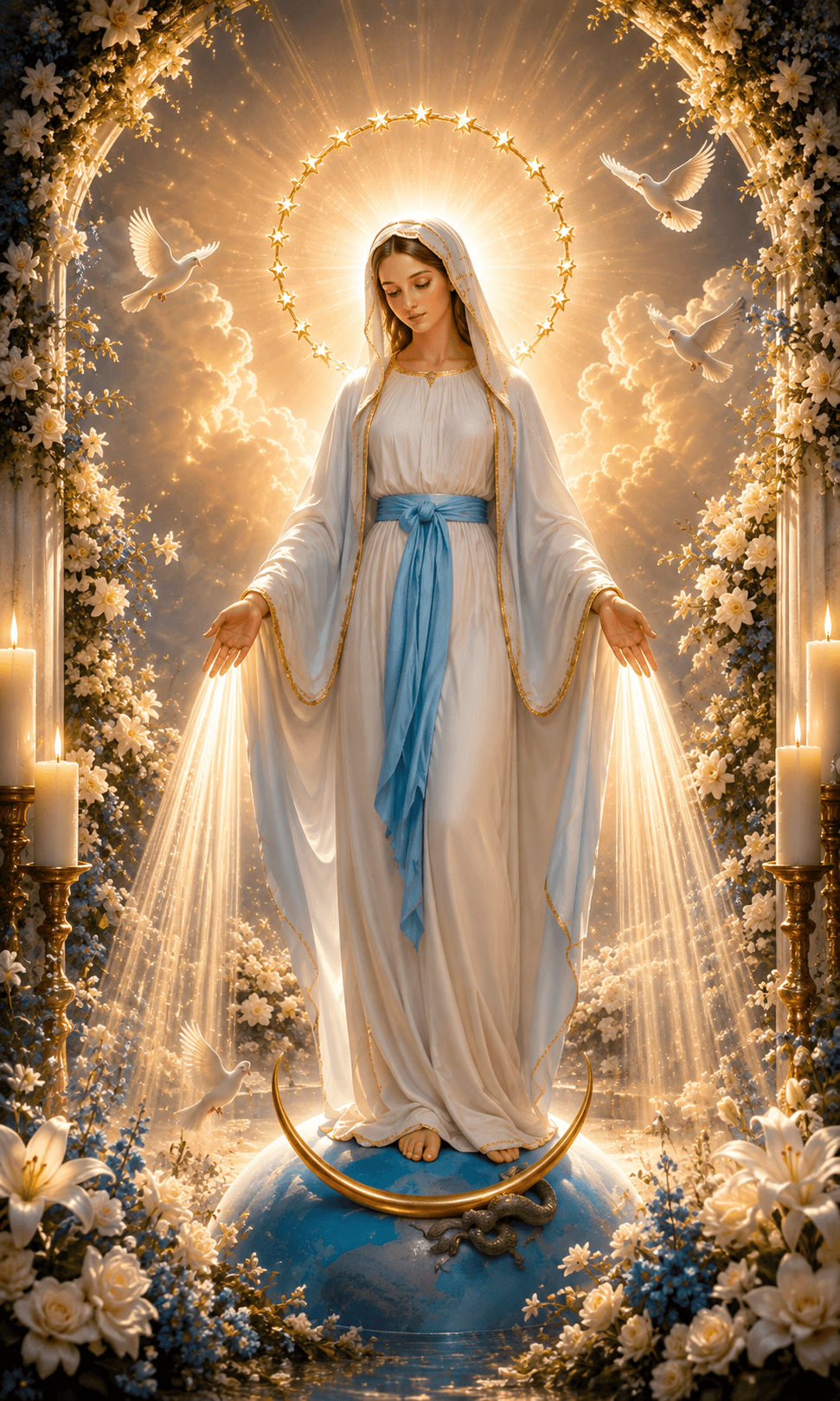 Mother Mary in a white robe with blue sash, standing on a globe beneath a star halo, surrounded by doves, flowers and radiant light, 4K image.