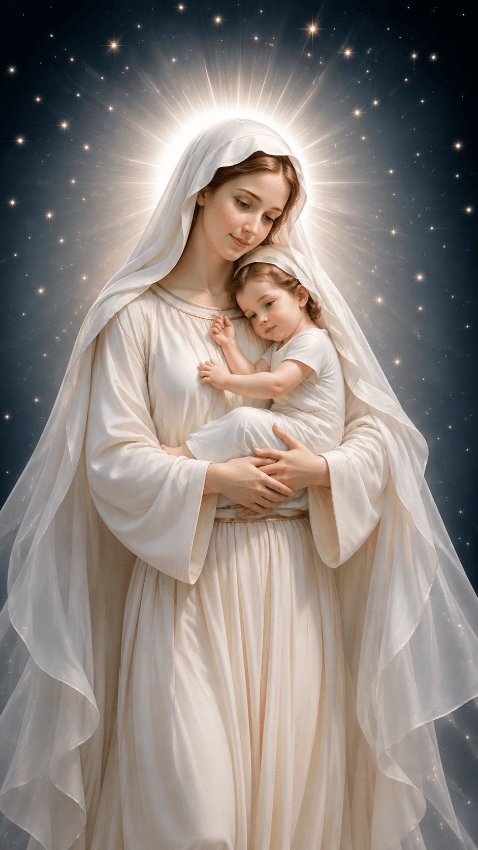Mother Mary holding baby Jesus in a flowing white robe, surrounded by radiant light and stars, high-resolution devotional image for download.