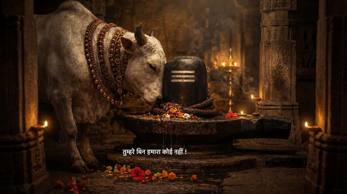 4K devotional image of Nandi bowing to Shiva Lingam inside temple, free HD wallpaper download.