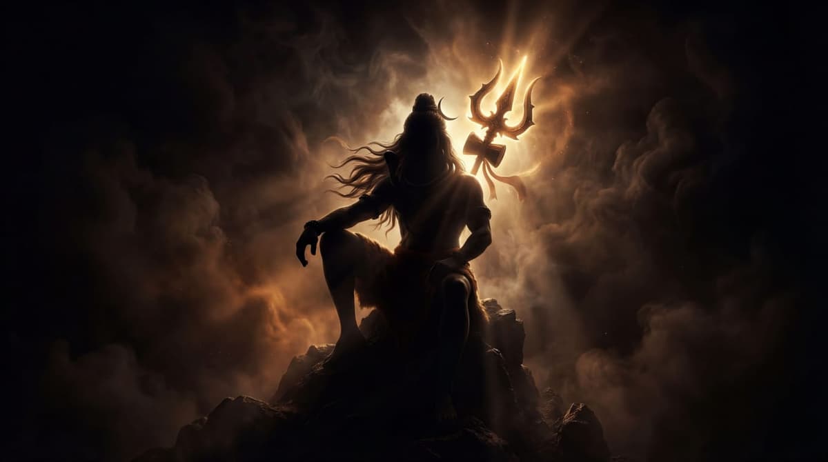 Cinematic 4K image of Lord Shiva sitting on mountain with glowing trishul and divine golden aura, free HD wallpaper download.