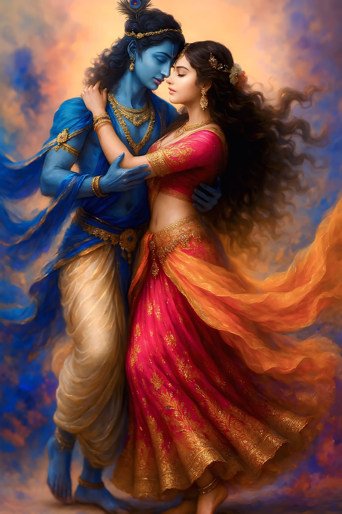 “Beautiful 4K image of Lord Krishna and Goddess Radha in a loving embrace, dressed in traditional attire, free to download as an HD wallpaper.”