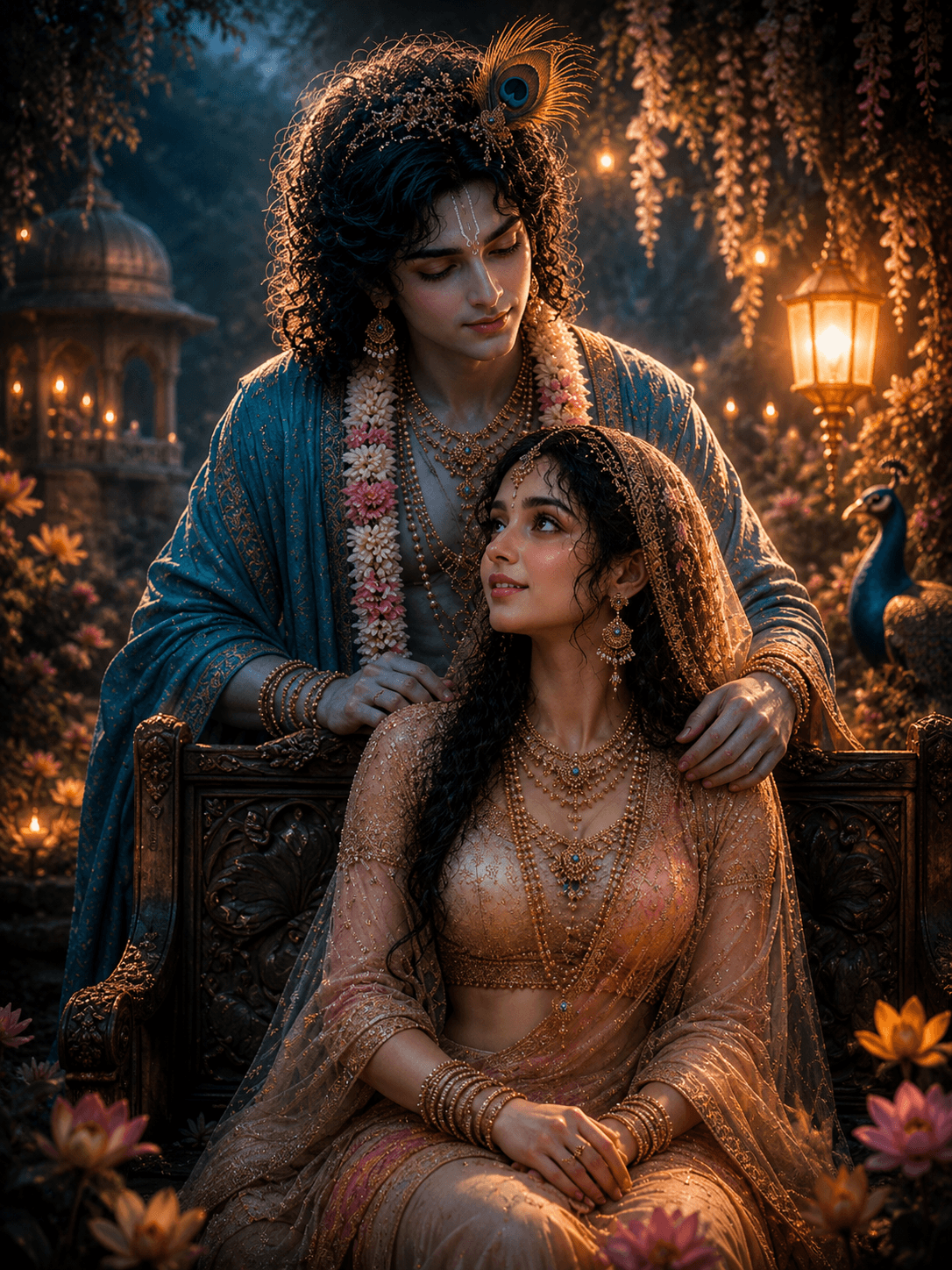 Beautiful 4K Radha Krishna image walking together in a moonlit flower garden, high-resolution devotional wallpaper free to download.