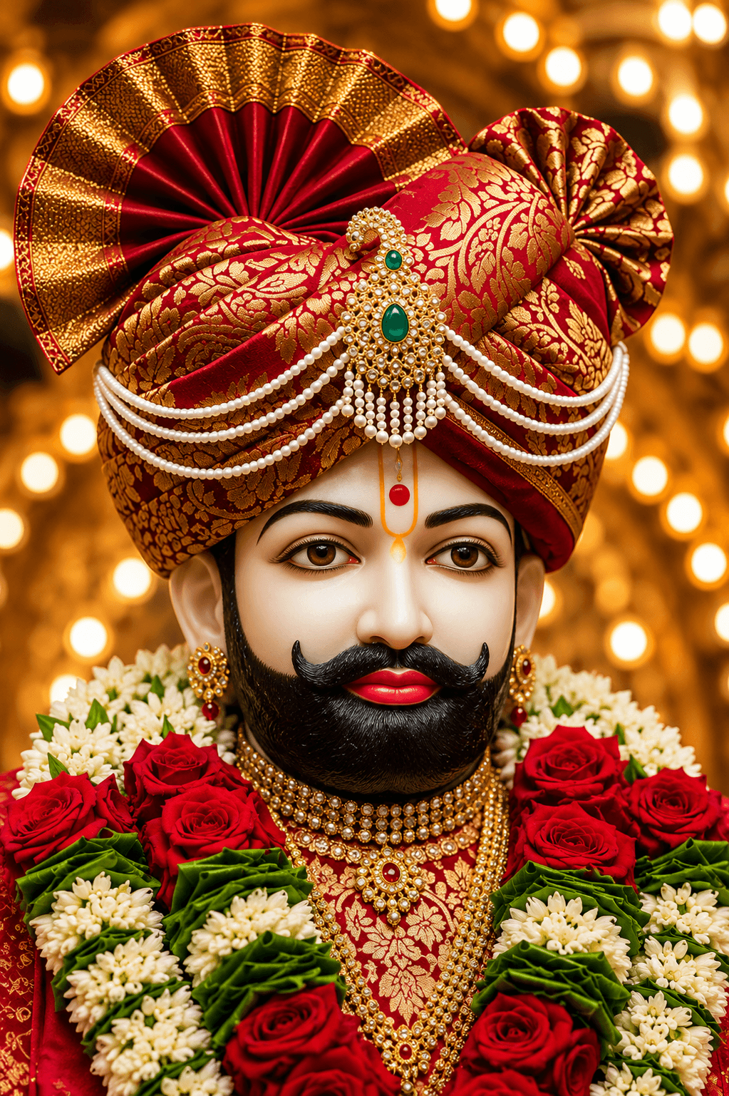 Beautiful 4K image of Khatu Shyam Ji wearing a royal red turban with pearl jewelry and floral garlands, free HD wallpaper download.