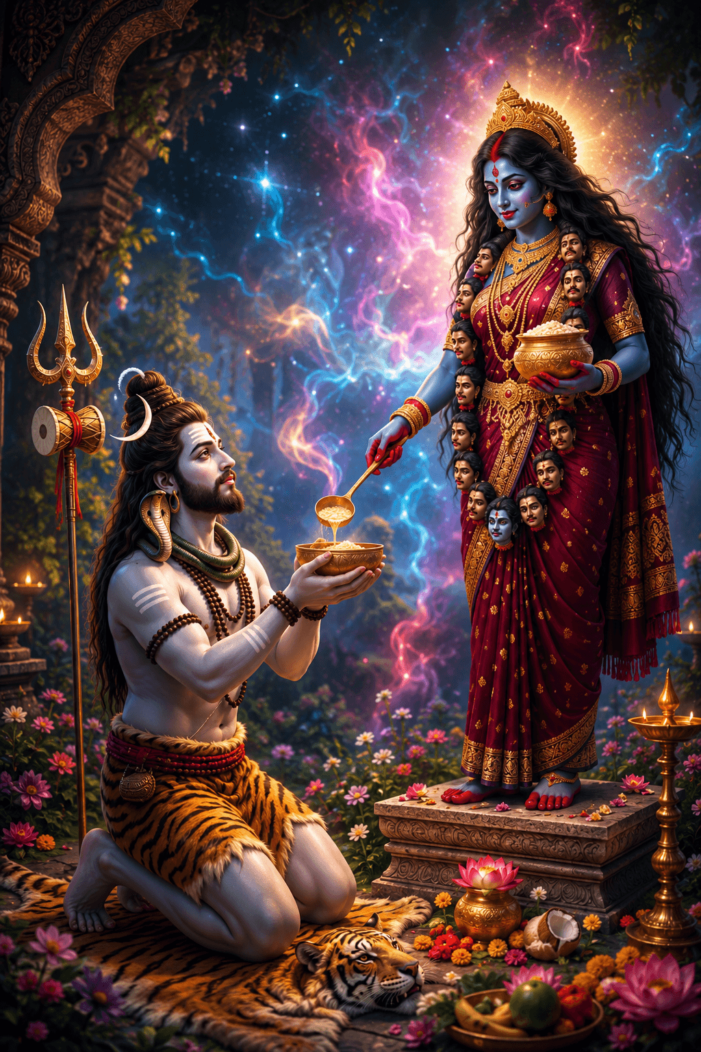 Lord Shiva kneeling before Maa Kali as she offers divine prasad, with trident, tiger skin, glowing cosmic background, lotus flowers, and sacred temple setting.