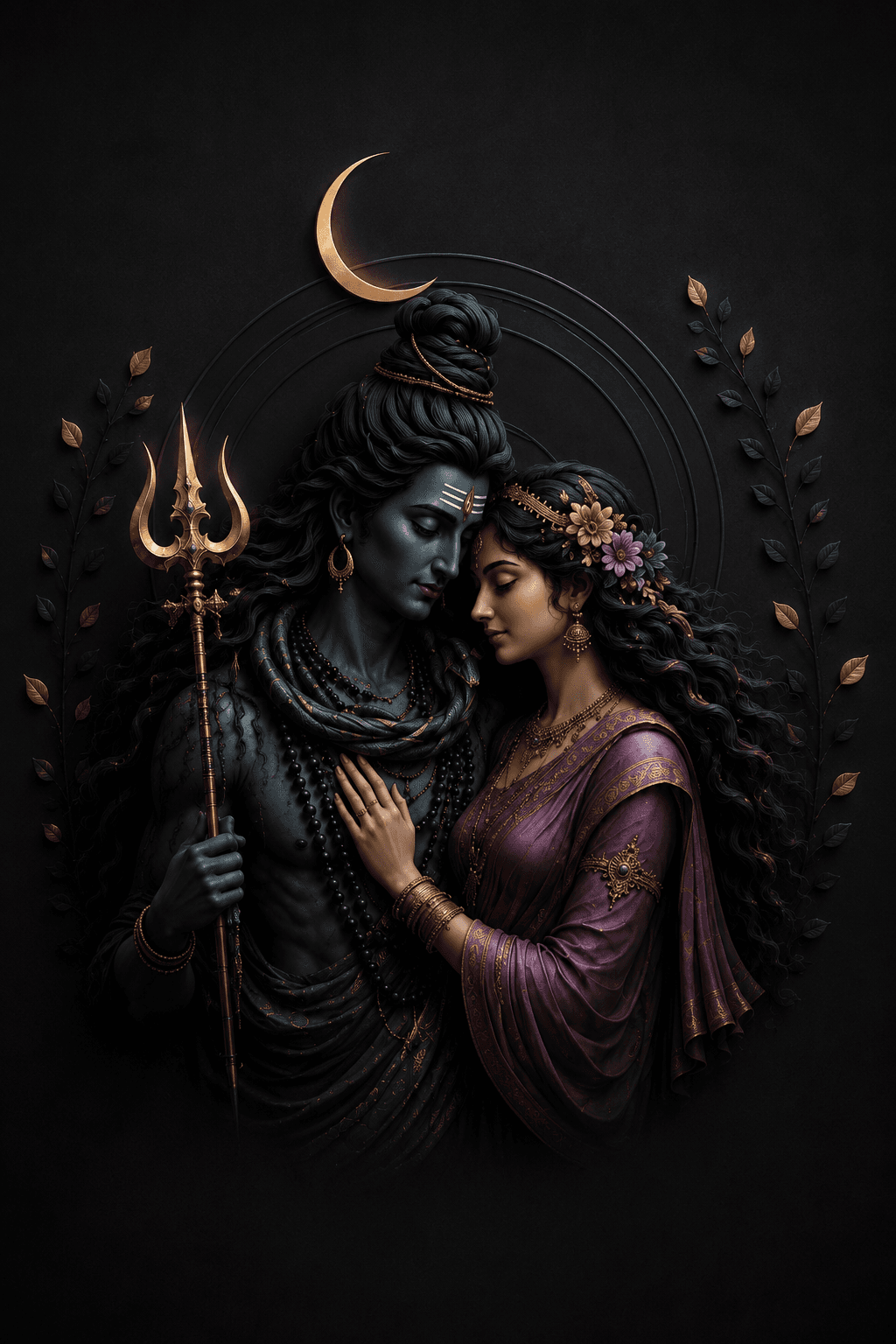 Beautiful 4K Shiv Parvati portrait with Lord Shiva holding the trident and Goddess Parvati, free HD wallpaper and royalty-free image download.