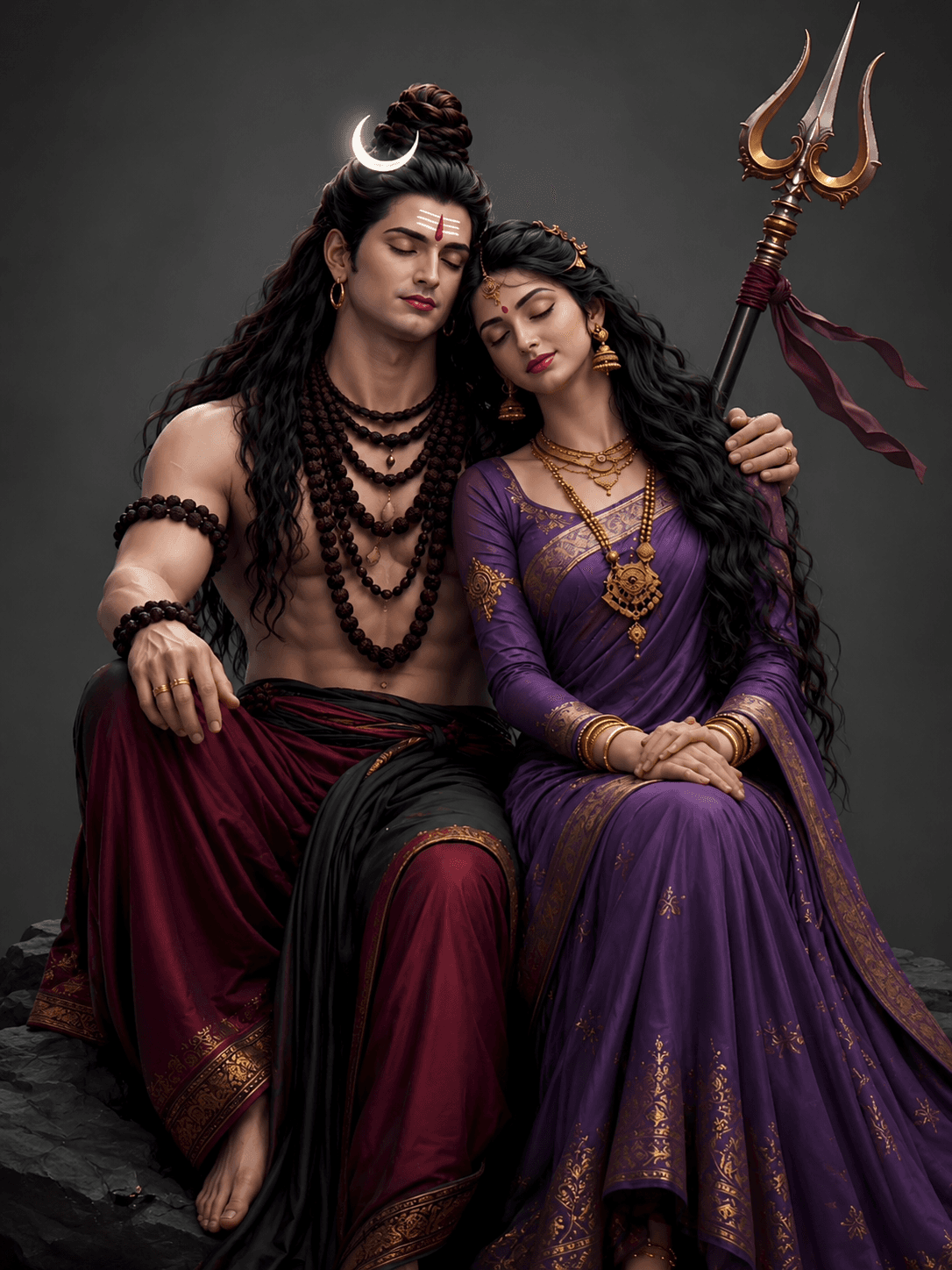 Lord Shiva and Goddess Parvati sitting peacefully together with Trishul, Rudraksha beads, purple saree, crescent moon, HD 4K devotional wallpaper.
