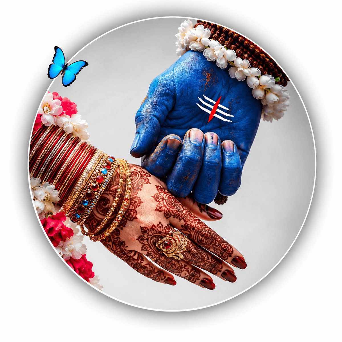 Lord Shiva and Goddess Parvati holding hands with Rudraksha, mehndi, bridal bangles, butterfly, HD 4K devotional wallpaper free download.