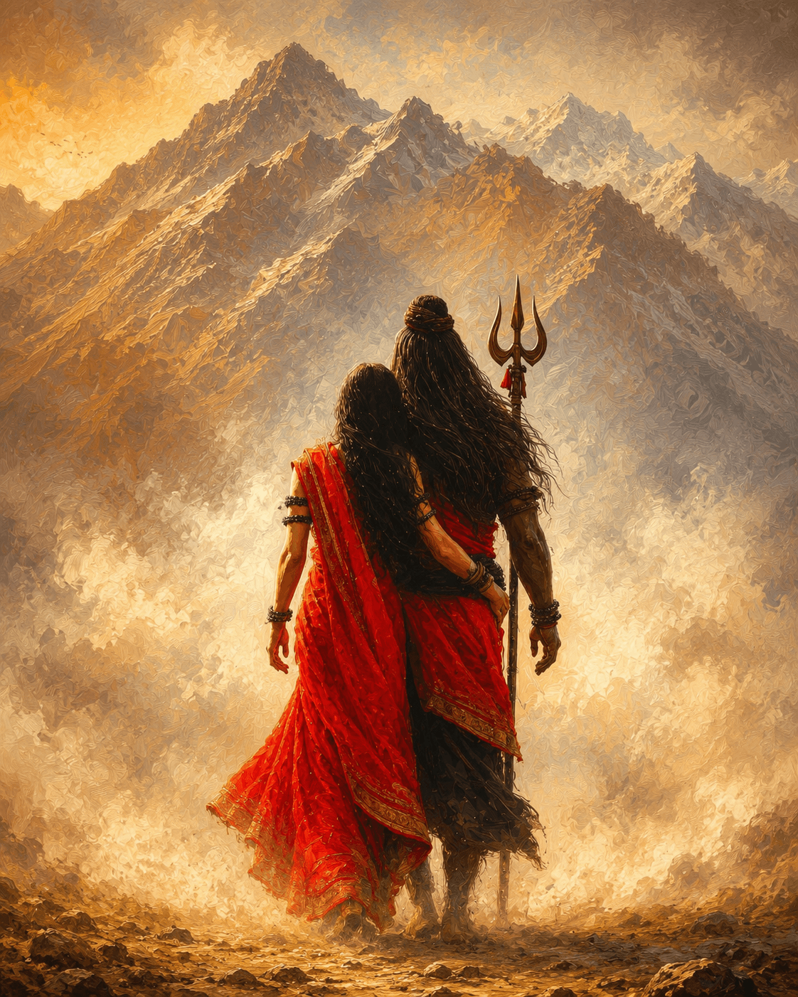 Lord Shiva and Goddess Parvati walking toward the Himalayan mountains with Trishul, red saree, golden sunrise, divine love, HD 4K devotional wallpaper.
