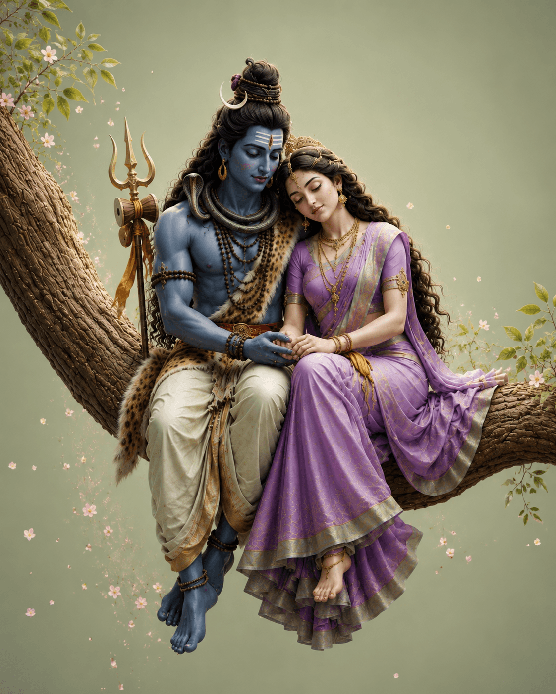 Beautiful 4K image of Lord Shiva and Goddess Parvati sitting together on a tree branch with Trishul and Damru, free HD download for wallpapers, devotional use, and spiritual projects.