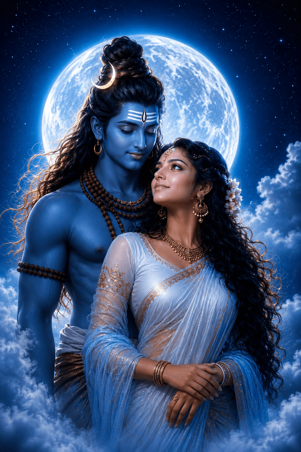 Beautiful 4K image of Lord Shiva and Goddess Parvati under a glowing full moon, free HD wallpaper and instant download.