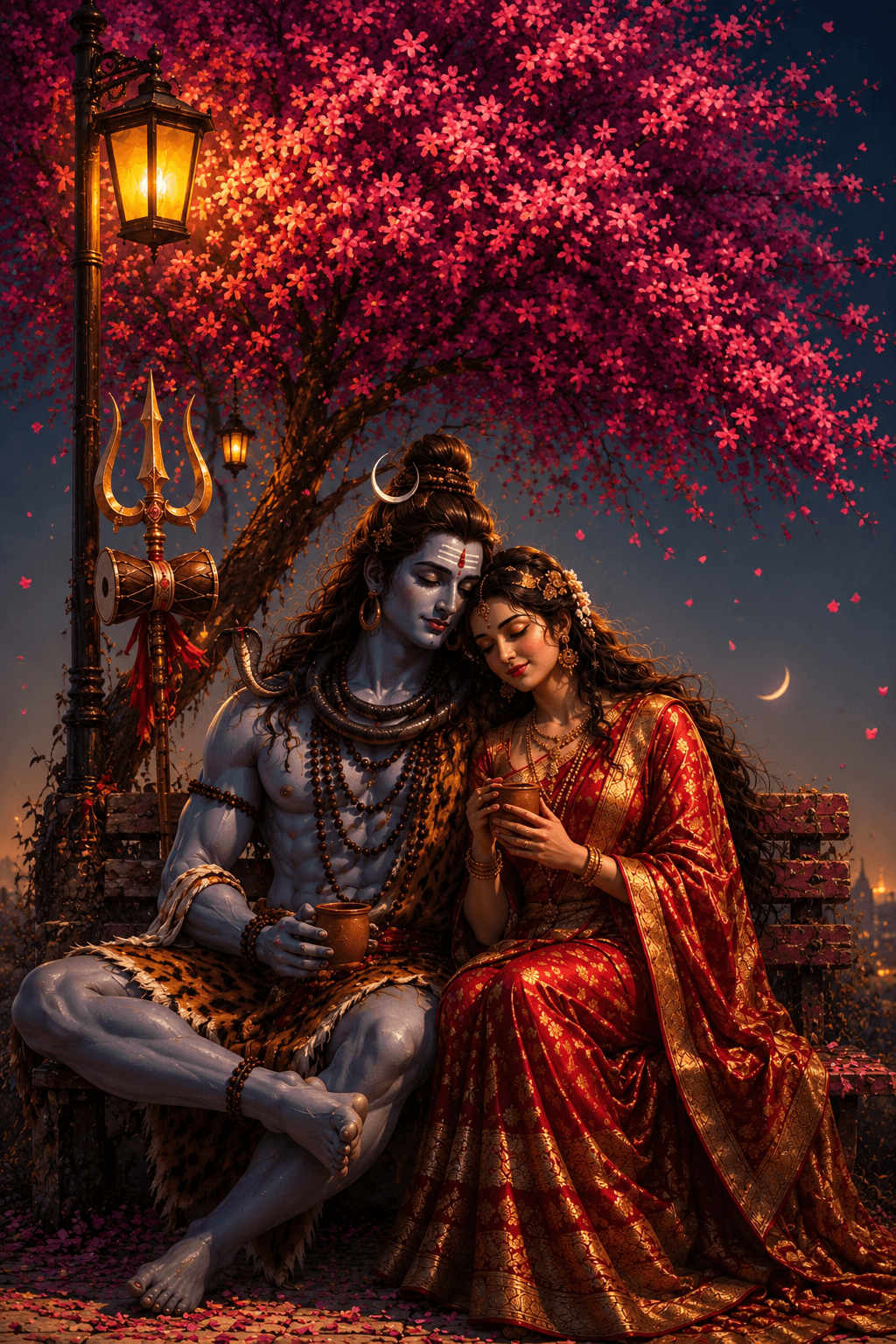 Beautiful 4K image of Lord Shiva and Goddess Parvati sharing a peaceful evening together beneath a blooming tree with the Trishul and Damru nearby, free HD wallpaper and instant download.