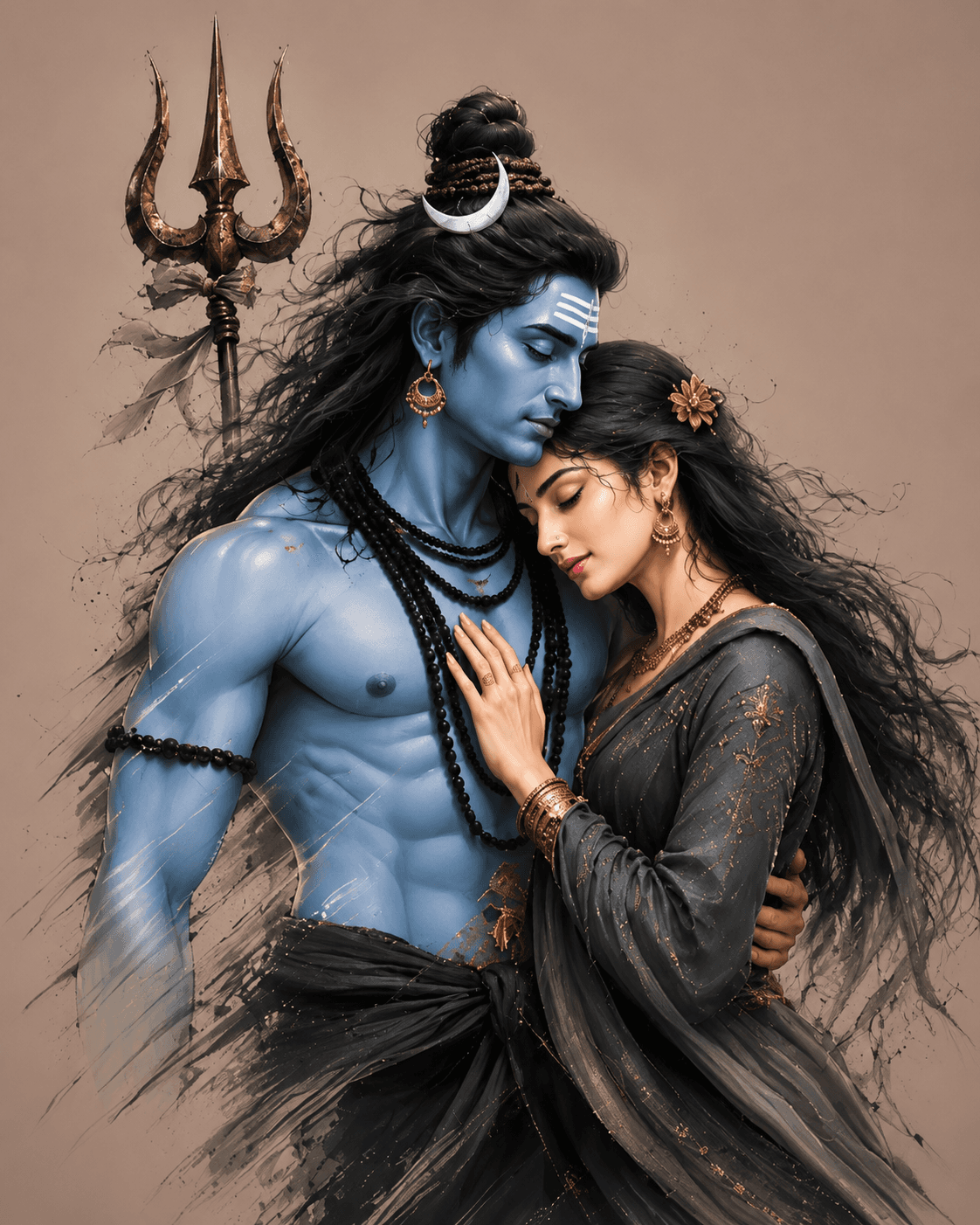 Elegant 4K artwork of Lord Shiva and Goddess Parvati in a loving embrace with Trishul and Rudraksha Mala, free HD download for wallpapers, devotional use, and spiritual projects.