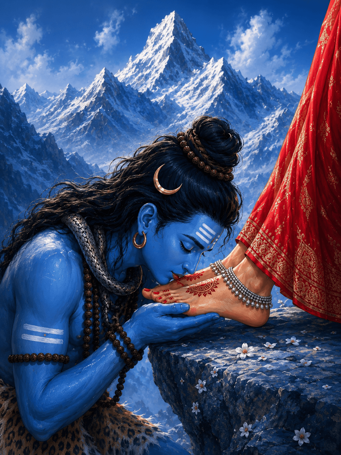 Lord Shiva touching Goddess Parvati's feet with Himalayan mountains, red saree, Tripundra tilak, Rudraksha beads, Vasuki snake, and divine HD 4K devotional artwork.