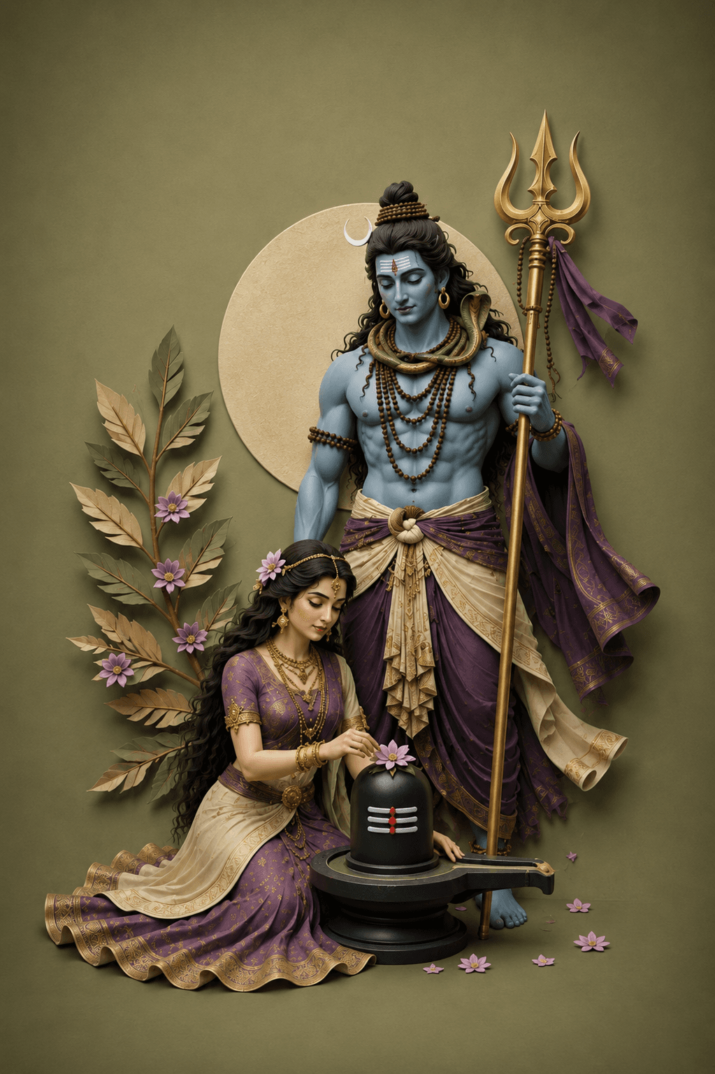 Beautiful 4K image of Goddess Parvati offering flowers to a sacred Shivling while Lord Shiva stands with a trishul, free HD wallpaper and instant download.