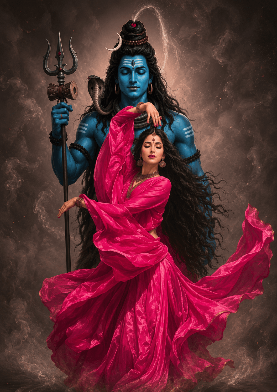 Elegant 4K artwork of Lord Shiva with Goddess Parvati in a graceful dance pose, featuring Trishul, Damru, and Vasuki Nag, free HD download for wallpapers, devotional use, and spiritual projects.