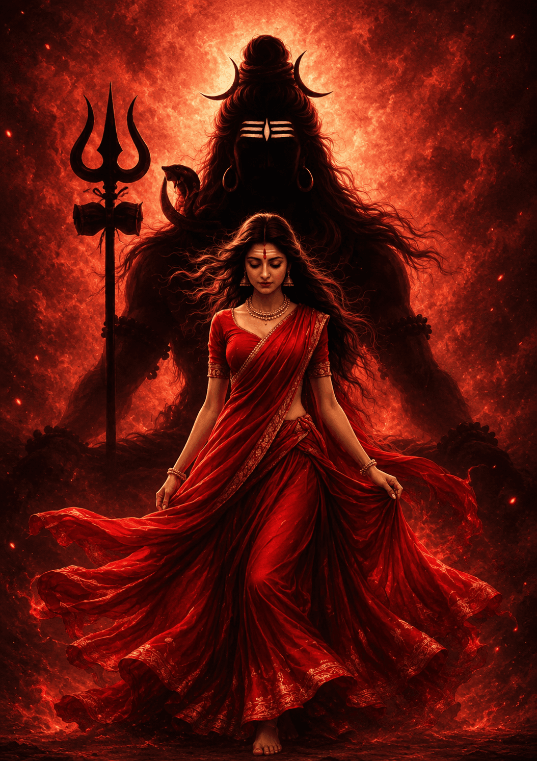 Stunning 4K artwork of Goddess Parvati in a flowing red saree with Lord Shiva's divine silhouette, Trishul, and Damru in the background, free HD download for wallpapers and devotional use.