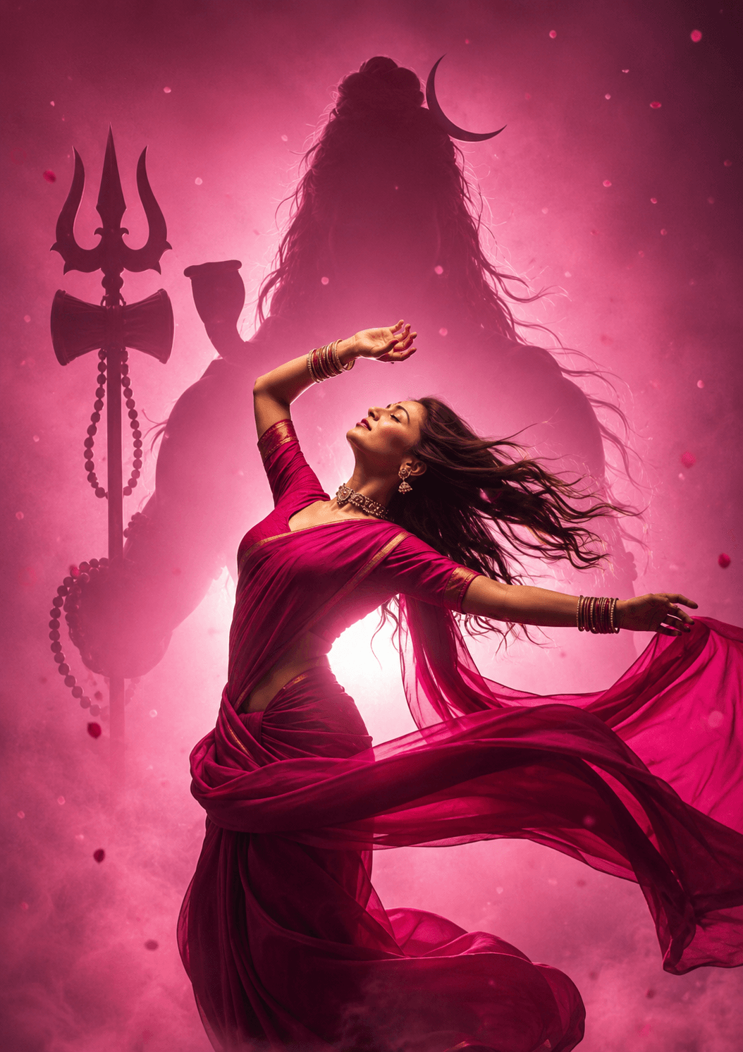 Beautiful 4K Shiv Shakti artwork featuring Goddess Parvati in a graceful dance pose with Lord Shiva's divine silhouette, Trishul, and Damru, free HD download for wallpapers, devotional use, and spiritual projects.