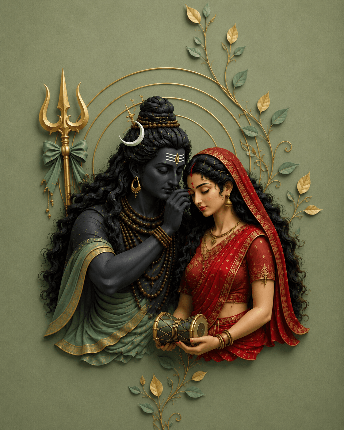 Lord Shiva lovingly blessing Goddess Parvati while she holds a sacred Damru, with a golden Trishul, floral vines, and elegant sage green background.
