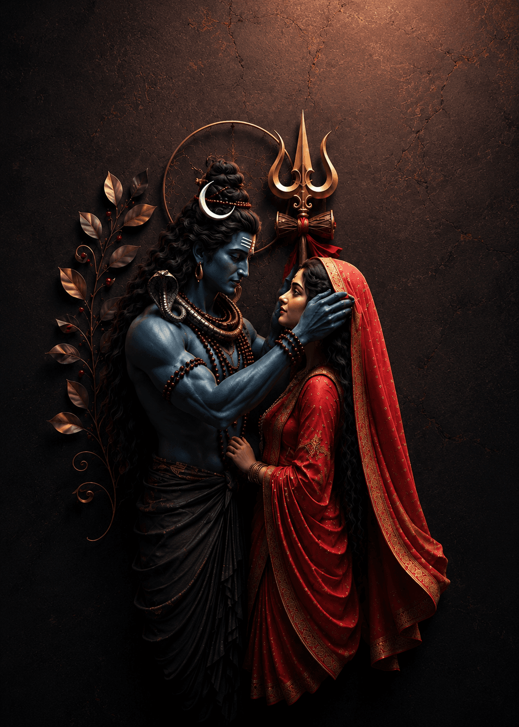 Beautiful 4K image of Lord Shiva gently blessing Goddess Parvati beneath a sacred trident and crescent moon, free HD wallpaper and instant download.