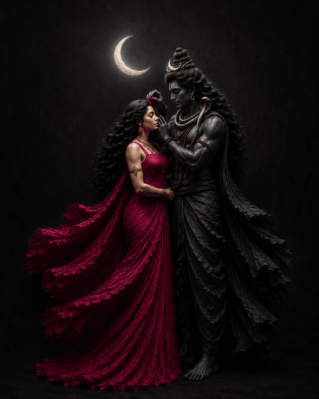 Stunning 4K image of Lord Shiva applying sindoor to Goddess Parvati beneath a crescent moon, featuring a sacred serpent, flowing robes, and a divine aura, free HD download.