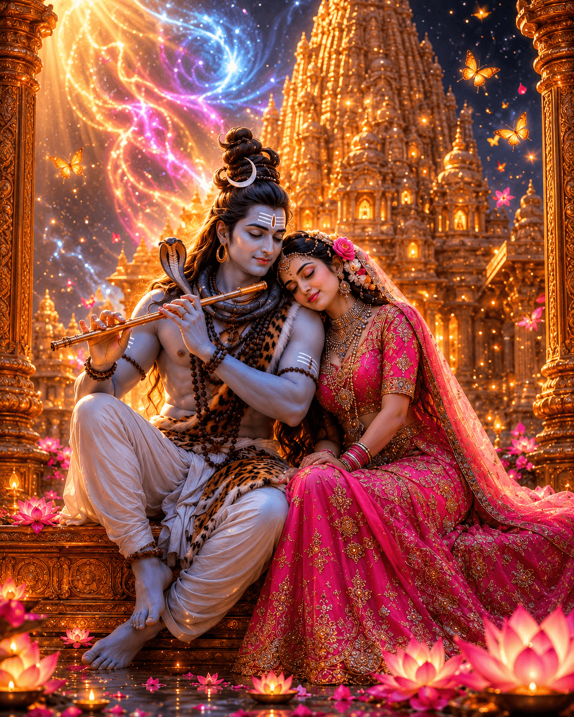 Beautiful HD artwork of Lord Shiva playing the flute while Goddess Parvati rests on His shoulder inside a glowing golden temple surrounded by lotus flowers, celestial lights, and butterflies