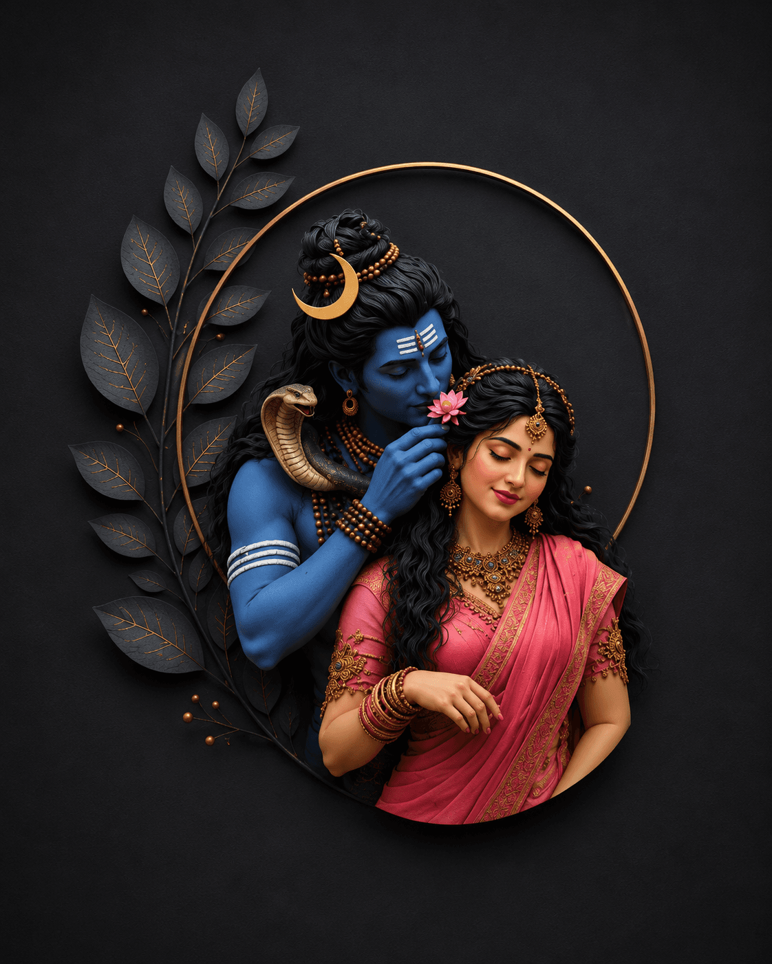 Elegant portrait of Lord Shiva placing a pink flower in Goddess Parvati's hair, framed by golden circular art with black background and floral design.